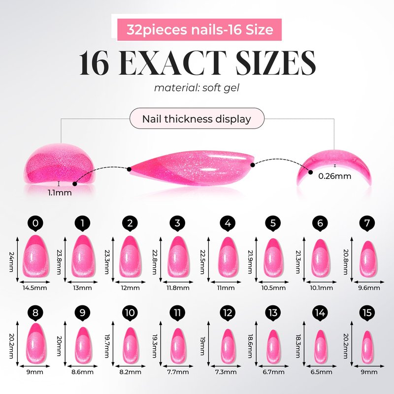 UNA GELLA Hot Pink Press on Nails Almond, Cat Eye Soft Gel Fake Nails for Women, 32 Pcs 16 Sizes Reusable Glue on Nails Kit, False Nails with Nail Glue and Adhesive Tabs
