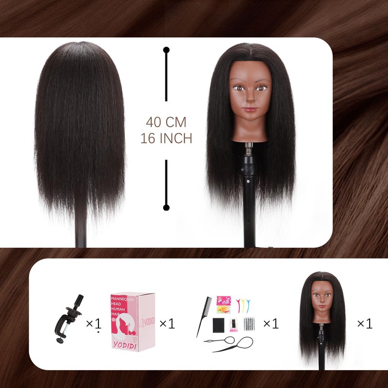 YODIDI Mannequin Head with 100% Human Hair, Manikin Head Human Hair Cosmetology Doll Head for Hair Styling Hairdresser Practice Braiding with Table Clamp Stand and Tools (16 inch)