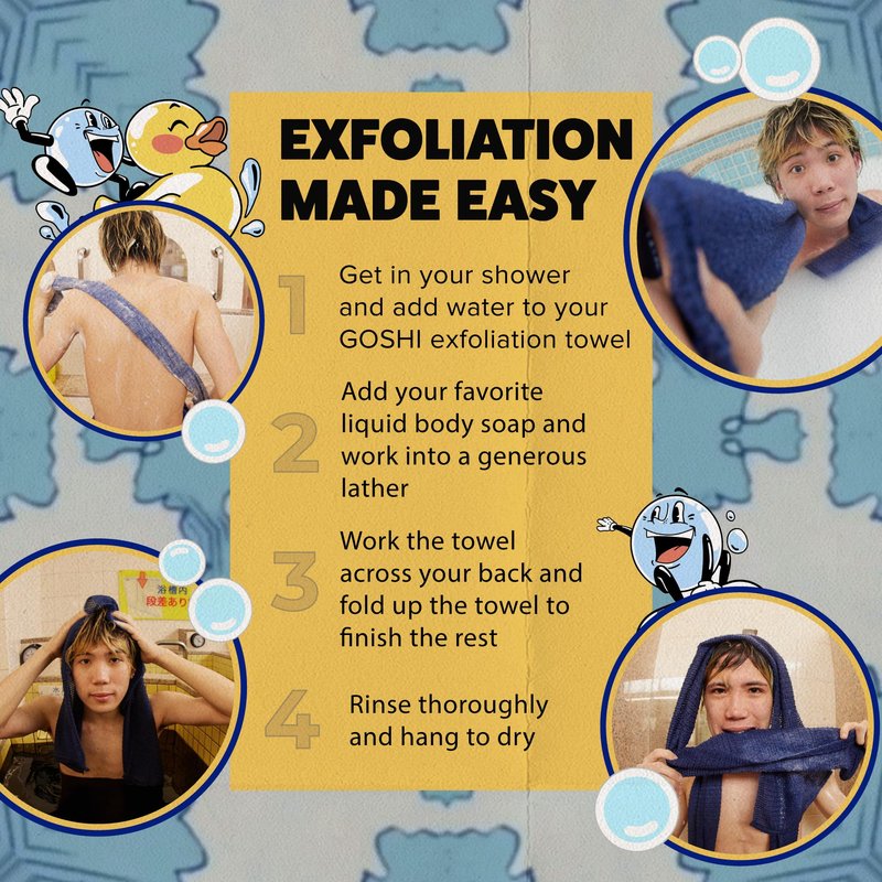 GOSHI Exfoliating Shower Towel - Long Body Scrubber for Back Acne, KP & Smooth Skin - Durable Rip-Resistant Weave, Quick-Dry Nylon Washcloth - Ethically Crafted in Gunma, Japan - Blue