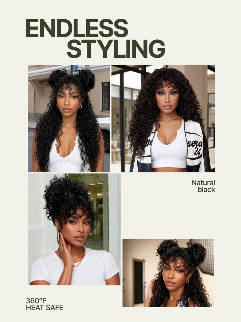 Frodio Veralux Fiber Blend Human Hair 26 Inches Shaggy Curl with Bangs Wig 200% Density Wigs Natural Black Ready to Go Glueless Wig for Women Realistic Look with True Scalp