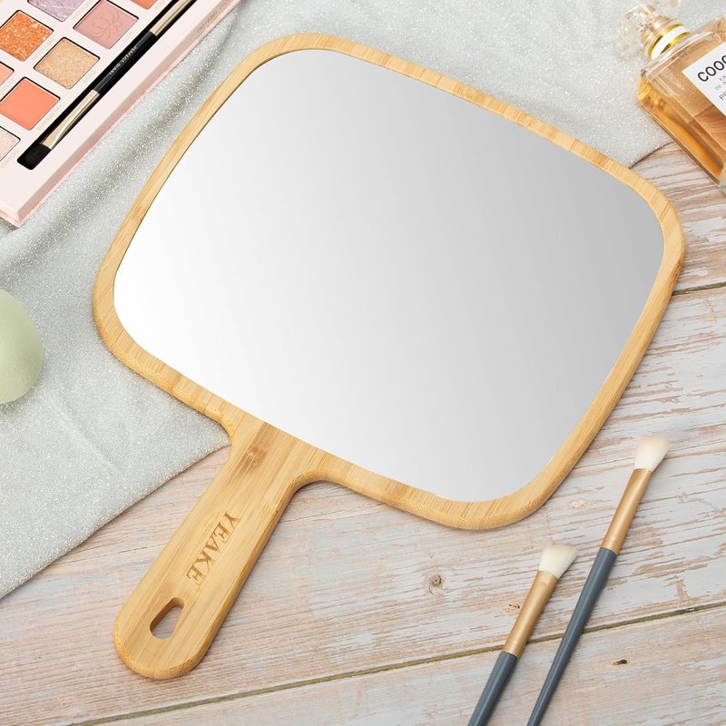 YEAKE Extra Large Bamboo Handheld Mirror - Portable Single-Sided Vanity Mirror for Men & Women | 8.9" W x 12.4" L