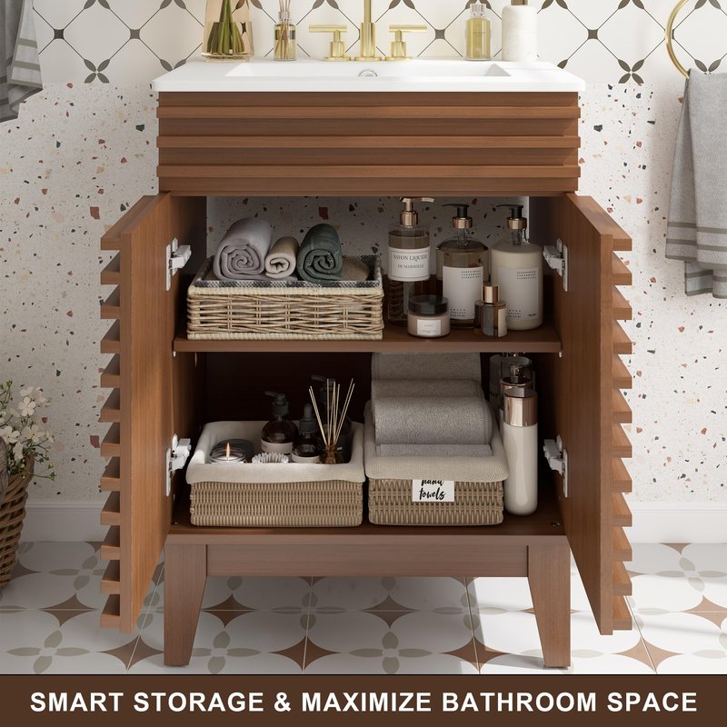 LUXEYARD 24 Inch Bathroom Vanity with Sink, Walnut Fluted Freestanding Bathroom Vanity Cabinet with Ceramic Sink Top, Solid Wood Legs, Soft Close Double Doors and Modern Storage Cabinet