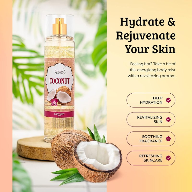 Freida and Joe Luxurious Coconut Body Mist Fine Fragrance, Women's Warm & Cozy Luxury Scented Gifts & Presents, 8oz Fine Mist Spray Bottle (Coconut) – Mother's Day Gift for Mom