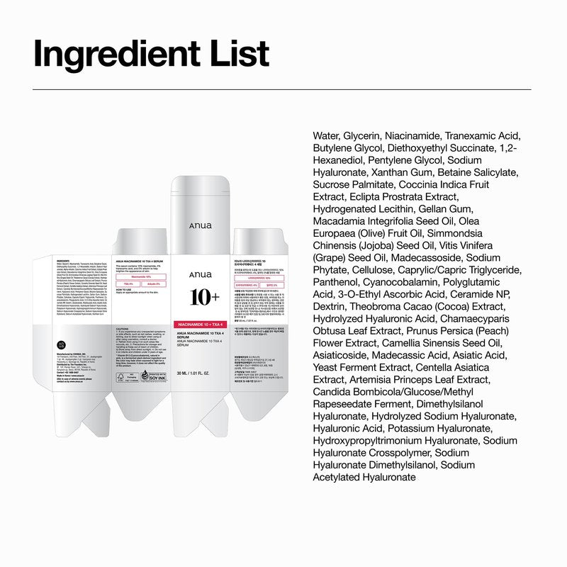Anua Niacinamide 10 + TXA 4 Serum, Dark Spot Care, Hyaluronic Acid, Tranexamic Acid, Lightweight & Hydrating All-in-One Daily Facial Serum for Glass Skin, Korean Skincare, 1.01 fl.oz