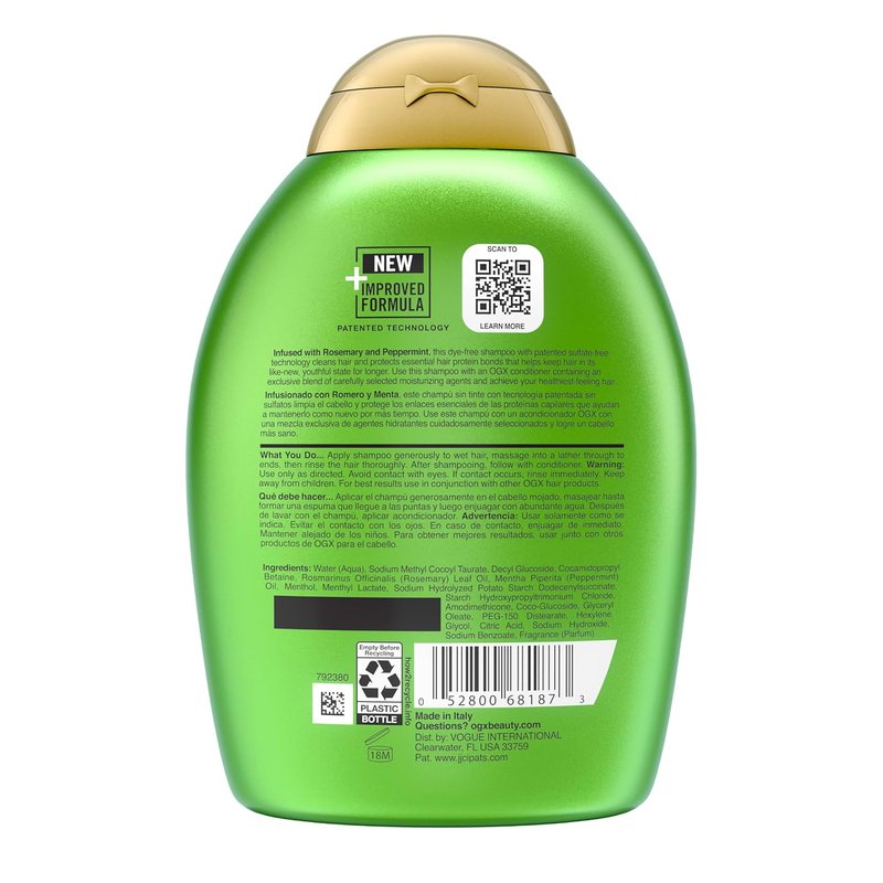 OGX Clarifying Strength + Rosemary Mint Shampoo, Clarifying Shampoo for Oily Hair Visibly Helps Remove Oil & Residue to Clear Away Buildup, Sulfate-Free Surfactants, 13 Fl Oz (Pack of 2)