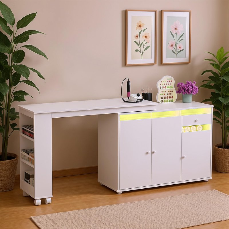 HolaiNail L-Shaped Manicure Table with Storage Cabinet, Drawer & Shelf, Rotating & Convertible Nail Tech Desk, Modern Nail Salon Table with LED Light, White