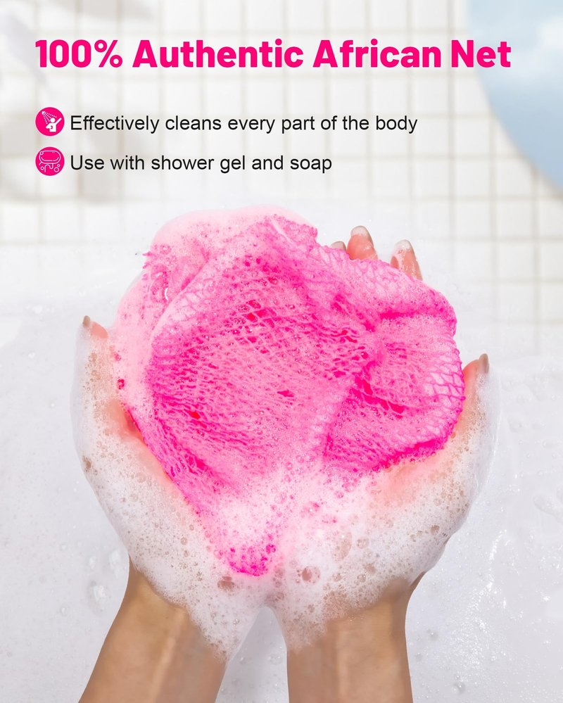 MTDLYICE African Net Sponge 2 Pack, Back Scrubber for Shower, XL 80CM Exfoliating Washcloth, African Net Sponge Authentic, Body Scrubber exfoliator Bath Accessories (Pink,LightGreen)