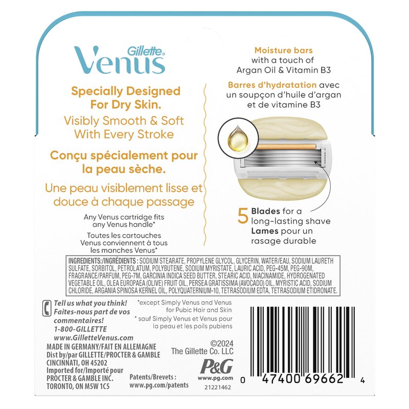 Venus MoistureGlide Women's Razor Blades, With Built-in Shave Gel Bars, 4 Razor Blade Refills