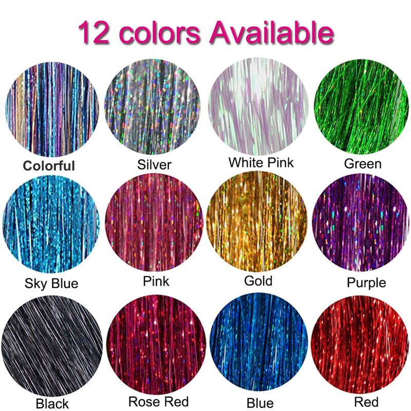 Skiennix Black Hair Tinsel Kit - 1200 Strands Heat Resistant Glitter Extensions | 47 Inch Fairy Hair Accessories for Women & Kids