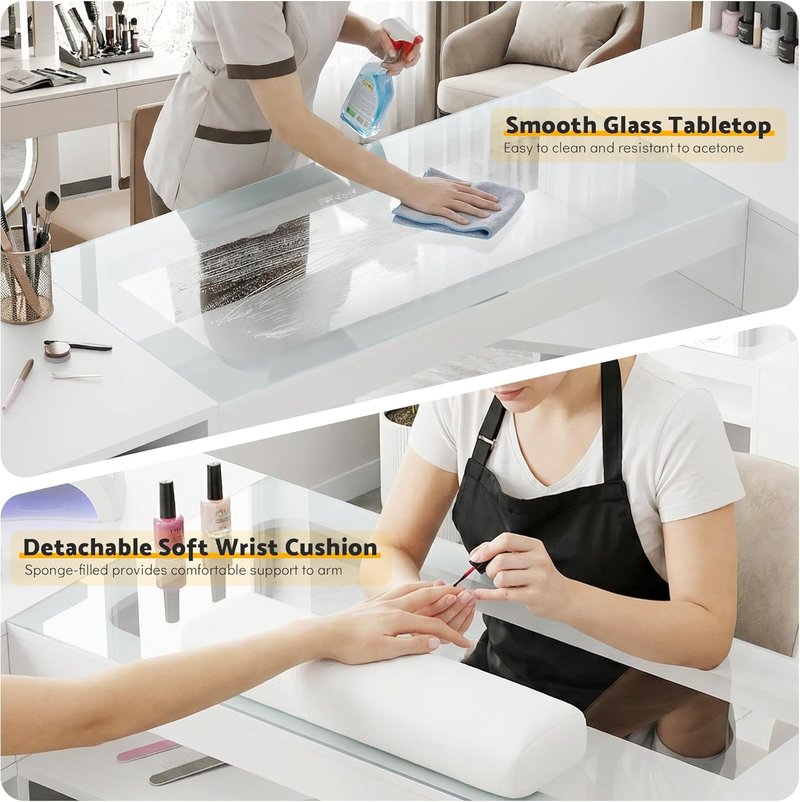 Manicure Table - 60-Inch L-Shaped Nail Desk with Glass Top | White with Shelves & Drawer Storage