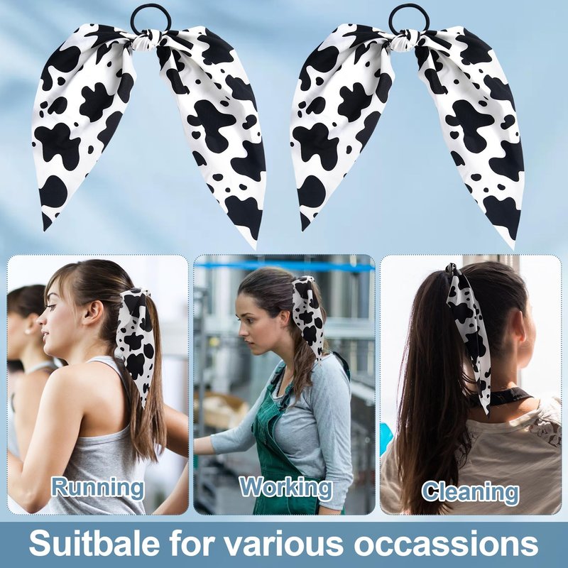 SmallCat 2pcs Cow Print Hair Bands for Women, Non-Slip Rabbit Bunny Ear Bow Hair Tie Ropes Scrunchies, Elastic Bowknot Ponytail Holder Hair Bandana Accessories for Curly Straight Thin Thick Fine Hair