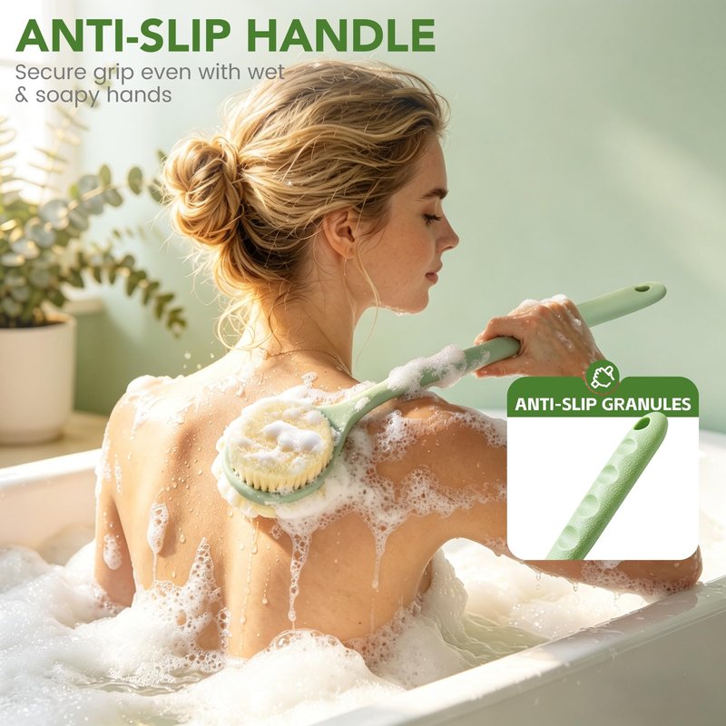 CYMPHW Back Scrubber for Shower, 15.7" Loofah with Handle, Back Shower Brush with Bristles and Loofah, Dry Brushing Body Brush for Cleanse Back and Hard to Reach Areas with Curved Long Handle