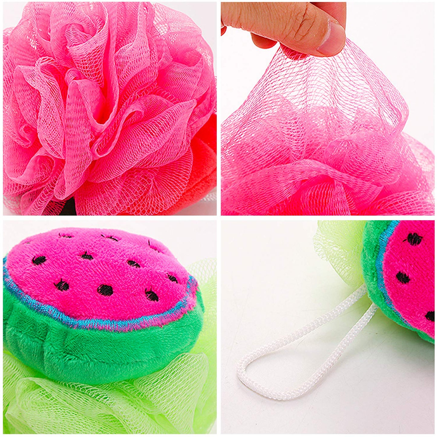 Rocutus 4pcs Child Bath Shower Sponge Pouf Loofahs Mesh Brush Shower Ball Cute Bath Flower with Hooks for Travel (Mixed 4)