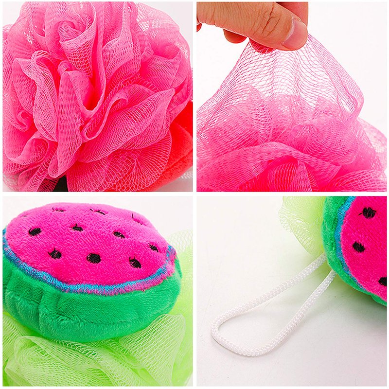 Rocutus 4pcs Child Bath Shower Sponge Pouf Loofahs Mesh Brush Shower Ball Cute Bath Flower with Hooks for Travel (Mixed 4)