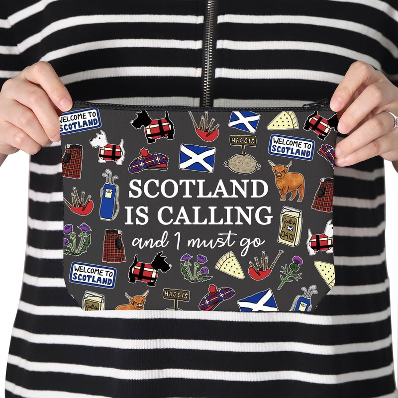 TSOTMO Scotland Makeup Bag Gift Edinburgh Gift Scotland Is Calling And I Must Go Zipper Bag Gift For Scottish (BLK-SCOTLAND), Beige