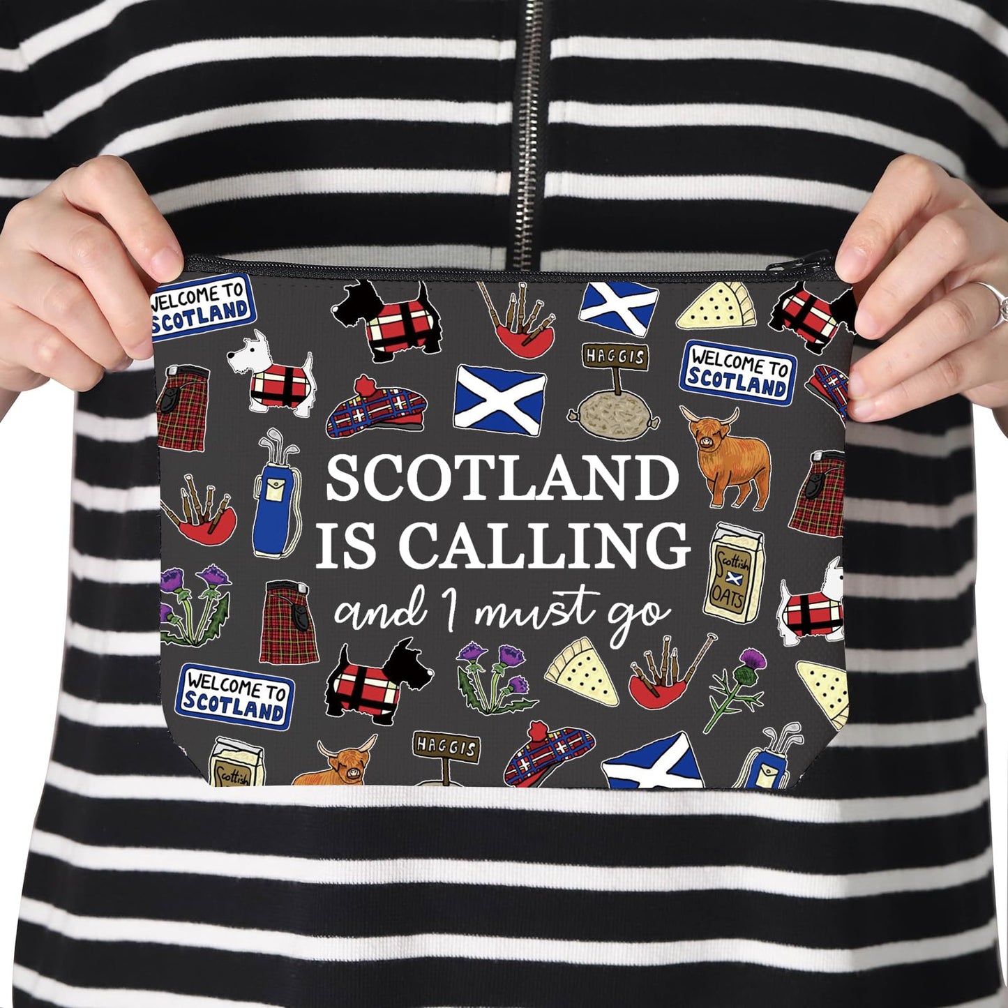 TSOTMO Scotland Makeup Bag Gift Edinburgh Gift Scotland Is Calling And I Must Go Zipper Bag Gift For Scottish (BLK-SCOTLAND), Beige
