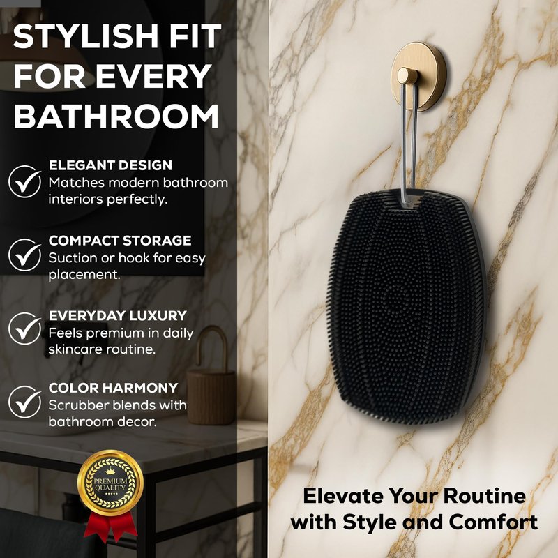 LauTus1 Silicone Body Scrubber — Suction Cup Mount & Hook, Gentle Exfoliating Shower Brush, Soft Loofah Alternative for Men, Women & All Skin Types — Graphite Black