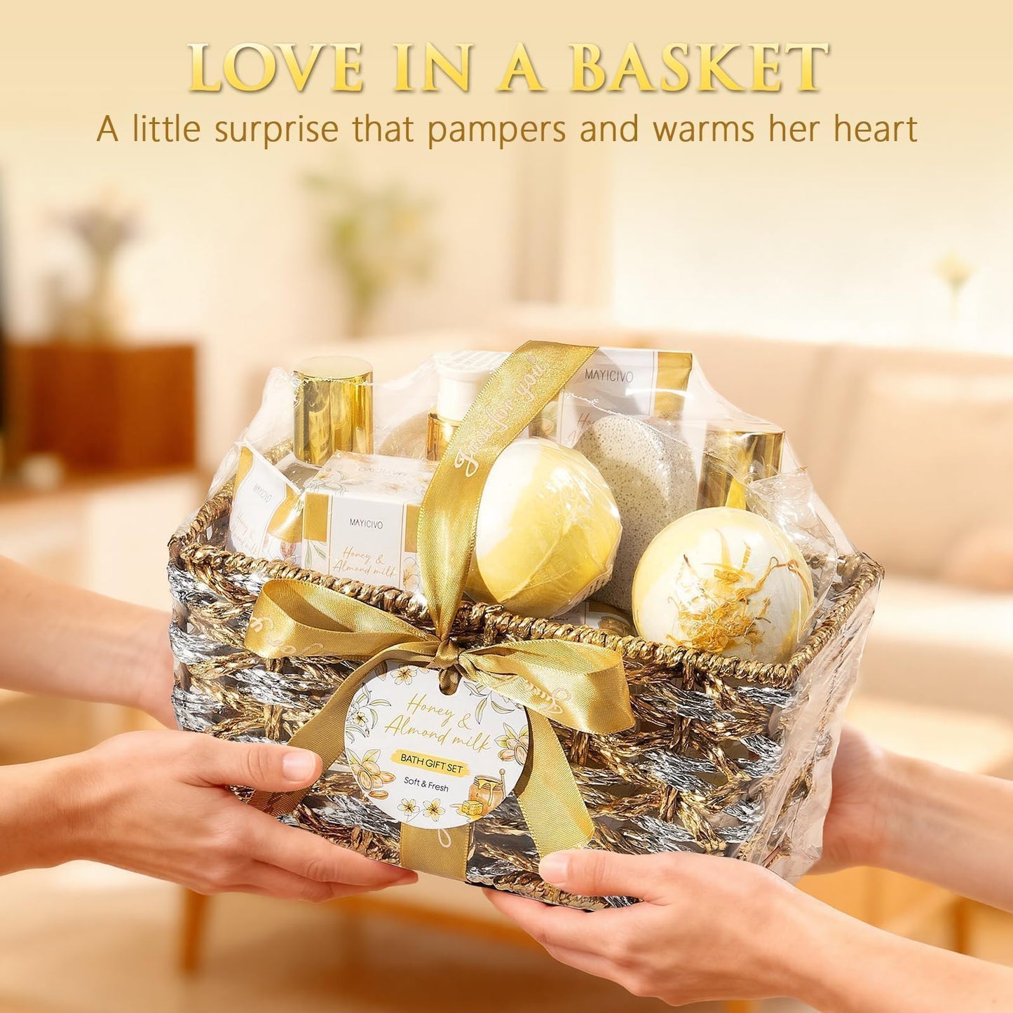 Mothers Day Birthday Gifts for Women, Honey & Almond Milk Relaxing Spa Gift Baskets for Women Self Care Package Bath Gift Set, Home Bath and Body Kit Pamper Gifts for Womens Her Mom Friends Sister