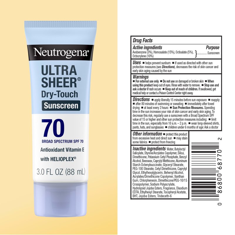 Neutrogena Ultra Sheer Dry Touch Sunscreen Lotion SPF 70 Broad Spectrum UVA UVB Protection Lightweight Water Resistant up to 80 Minutes Oil PABA Oxybenzone Free, 3 fl oz