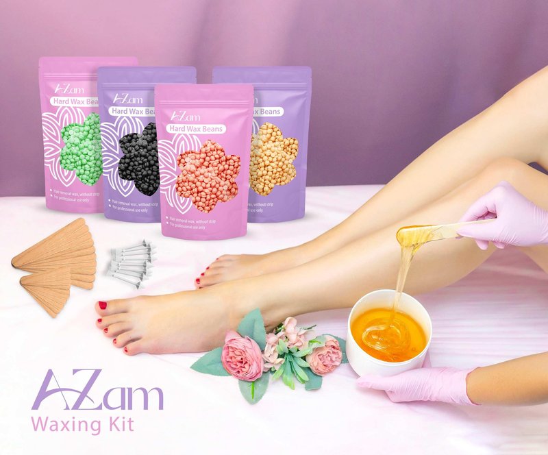 AZAM Hard Wax Beads,Hot Wax Beads,Hair Removal for Full Body4X100G Painless Hard Wax Beans with 10 large applicators 10 smaller ones, 10 nose sticks, Professional Wax Beads for Eyebrow, Bikini