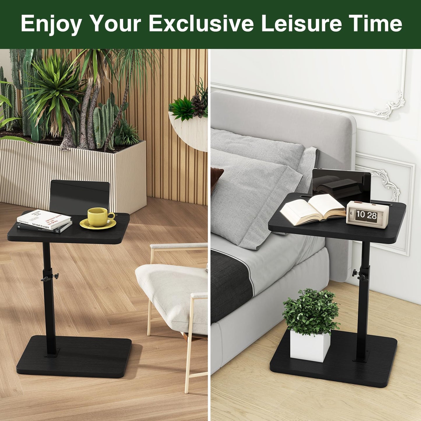 IBUYKE C Shaped Side Table, 360° Swivel Height Adjustable End Table for Small Spaces, with Phone & Tablet Slot, Modern Small Coffee Snack Table for Sofa/Bed, Black UTVT003B