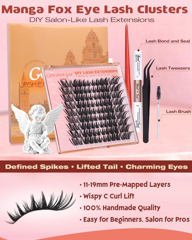 Geeneiya Manga Lash Clusters Kit, 11-19mm Fox Eye Lash Extension Kit, C Curl Left & Right Cat Eye Lashes, DIY Cluster Eyelash Extension Kit with Lash Bond and Seal Lash Tweezers for Beginners