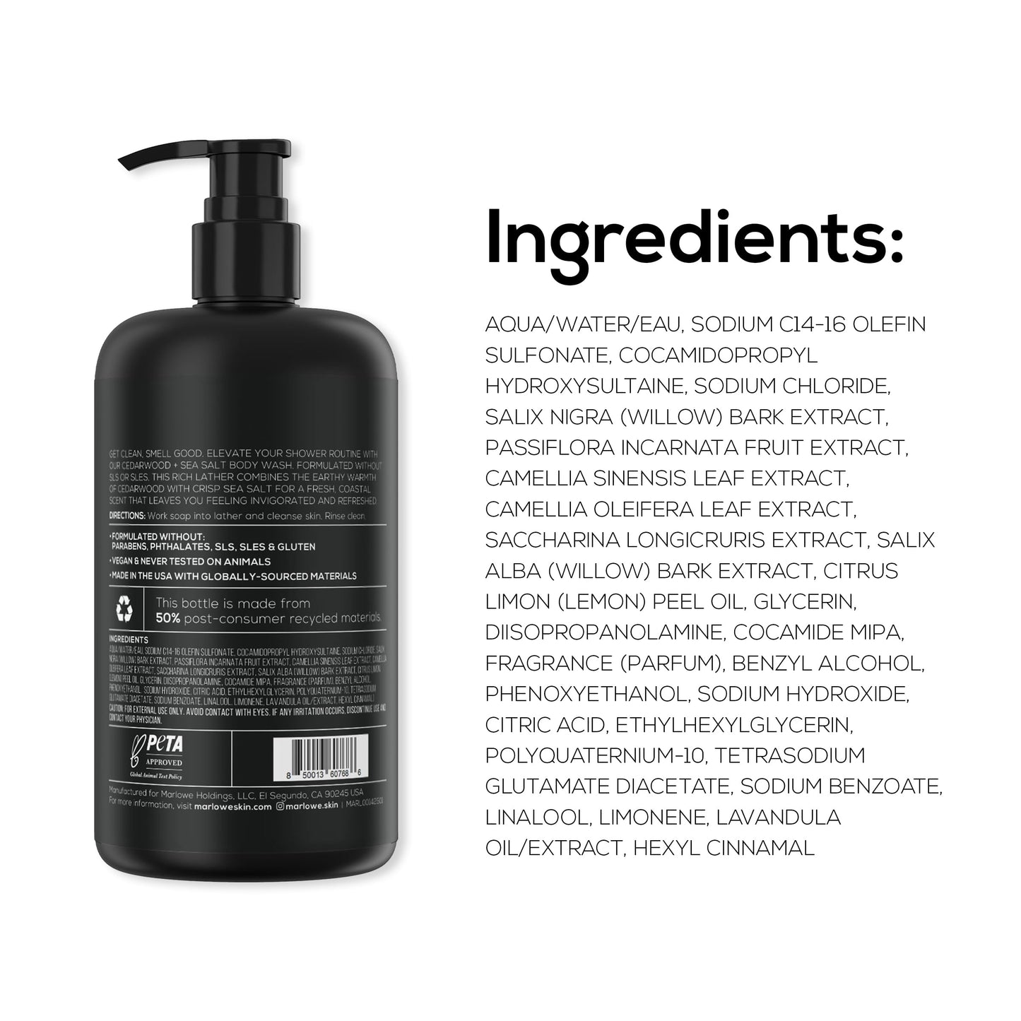 MARLOWE. Men's Body Wash, 15 oz Pump, Energizing & Refreshing Shower Gel, Moisturizes & Nourishes, Clean Vegan Formula with Willow Bark & Green Tea Extracts, Fresh & Zesty Cedarwood + Sea Salt Scent