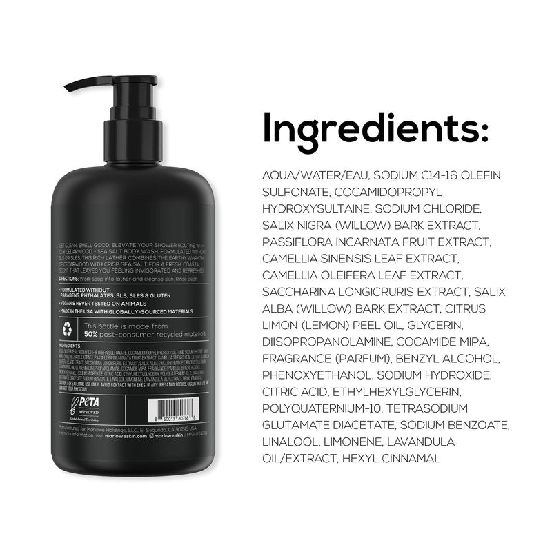 MARLOWE. Men's Body Wash, 15 oz Pump, Energizing & Refreshing Shower Gel, Moisturizes & Nourishes, Clean Vegan Formula with Willow Bark & Green Tea Extracts, Fresh & Zesty Cedarwood + Sea Salt Scent