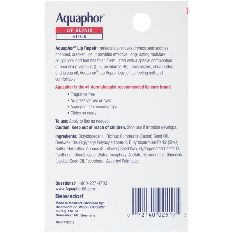 Aquaphor Lip Balm Set with Jojoba Oil and Shea Butter, Lip Repair Stick (2 x 0.17 Oz) + Repair Stick with Sunscreen SPF 30 (2 x 0.17 Oz), Fragrance Free, Paraben Free, Immediately Relieves Dryness