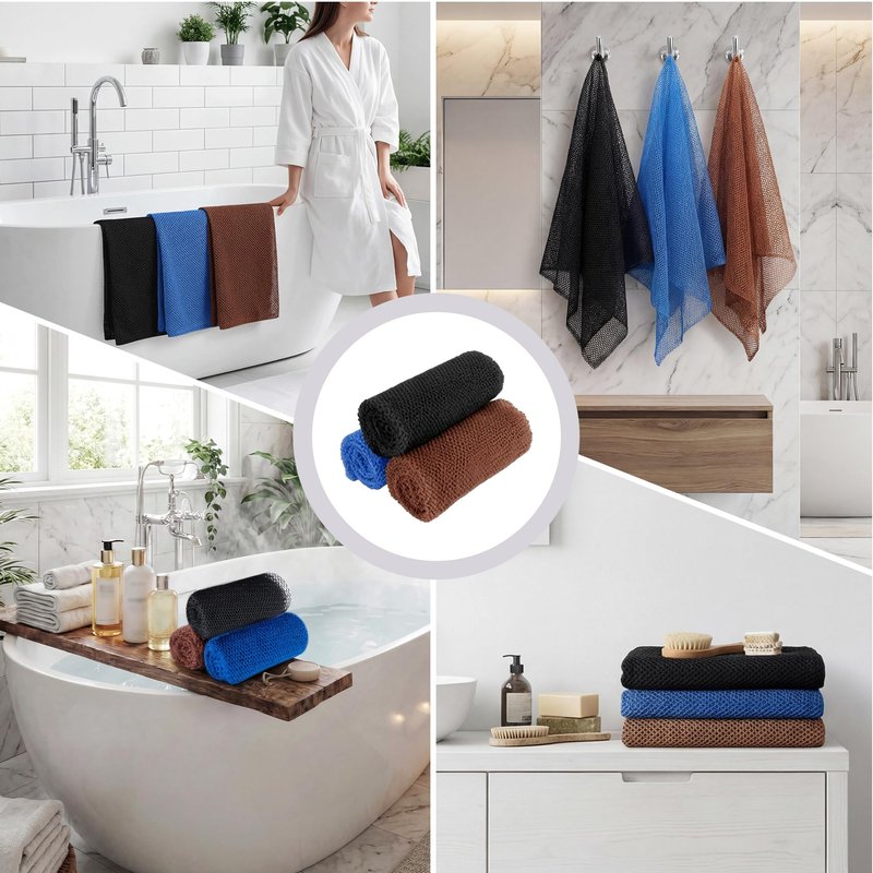African Bath Sponge African Net Long Net Bath Sponge Exfoliating Shower Body Scrubber Back Scrubber Skin Smoother,Great for Daily Use (Black,Blue,Coffee) 3 Pack