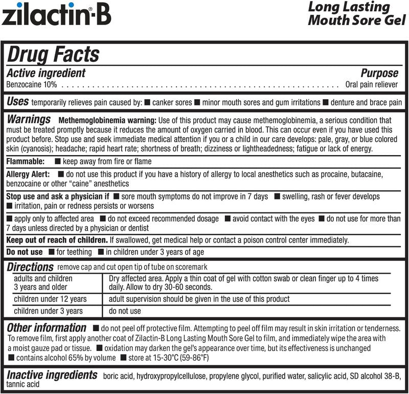 Zilactin-B Fast Acting Canker Sore Treatment - Long Lasting Protection and Oral Pain Relief of Canker Sores, Mouth Sores and Gum Irritations, Made in USA, 0.25oz Gel, Pack of 1