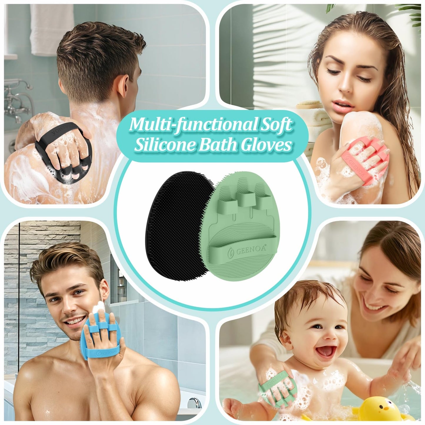 GEENOA Silicone Back Scrubber & Bath Glove Set 2PCS, 13.4'' Gentle Shower Back Scrubber with Dual-Side Head Non-Slip Handle, 360° Anti-Slip Hand-fit Bath Glove for Rich Foaming Deep Cleaning(Green)