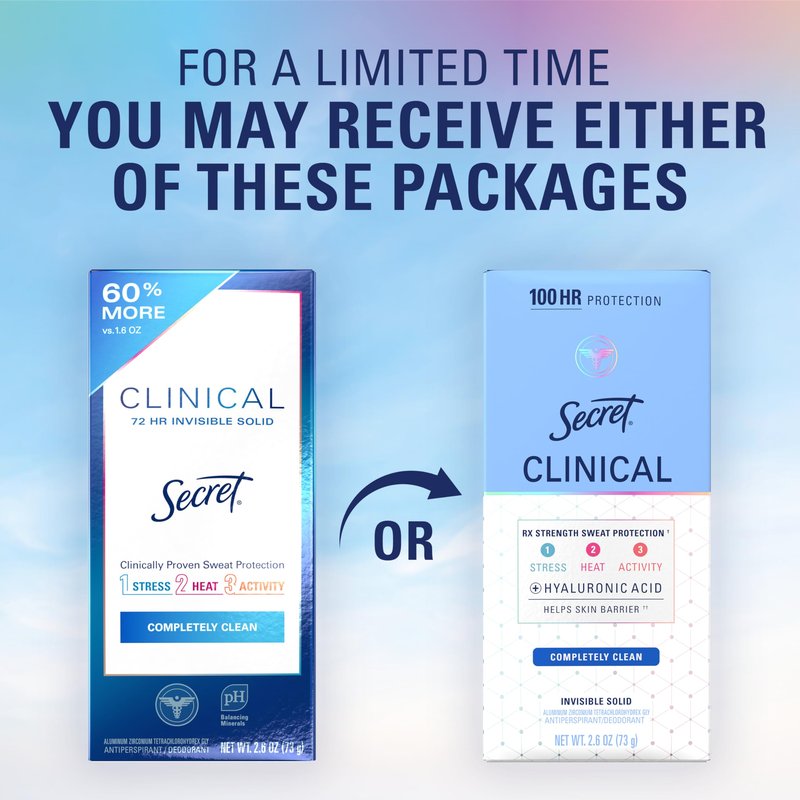 Secret Clinical Strength 100HR Sweat & Odor, Completely Clean Invisbile Solid Antiperspirant Deodorant for Women, 3X Stress Protection with Hyaluronic Acid, PH Balanced, Completely Clean Scent, 2.6 oz