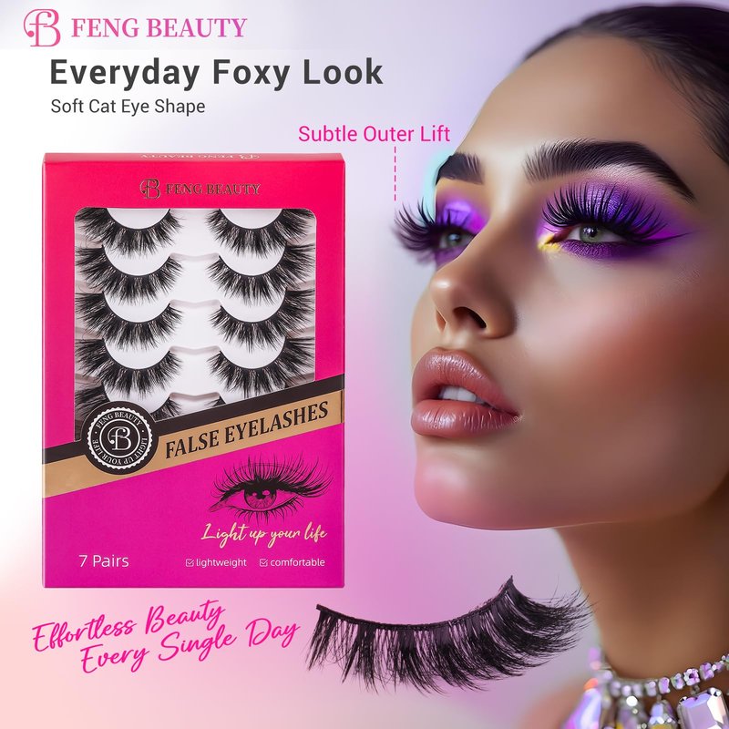 Dramatic Cat Eye Lashes - Fluffy Volume False Eyelashes with Lightweight Comfort, Easy Apply Winged Style (8-16mm), Reusable Glam Lashes for All Eye Shapes, 7 Pairs Full-Strip Lashes