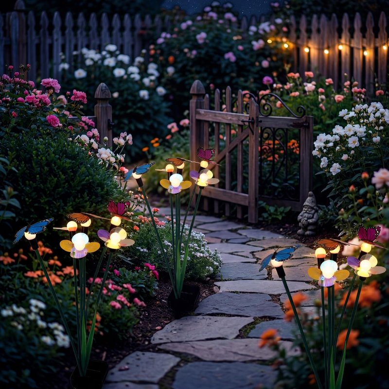 Hoikwo Solar Garden Flower Lights 4 Pack, Swaying Butterfly Flower Stakes Outdoor, Lifelike Butterflies and Flowers with 6 LED Warm Lights, Solar Lights Decor for Yard, Patio, Garden, Pathway