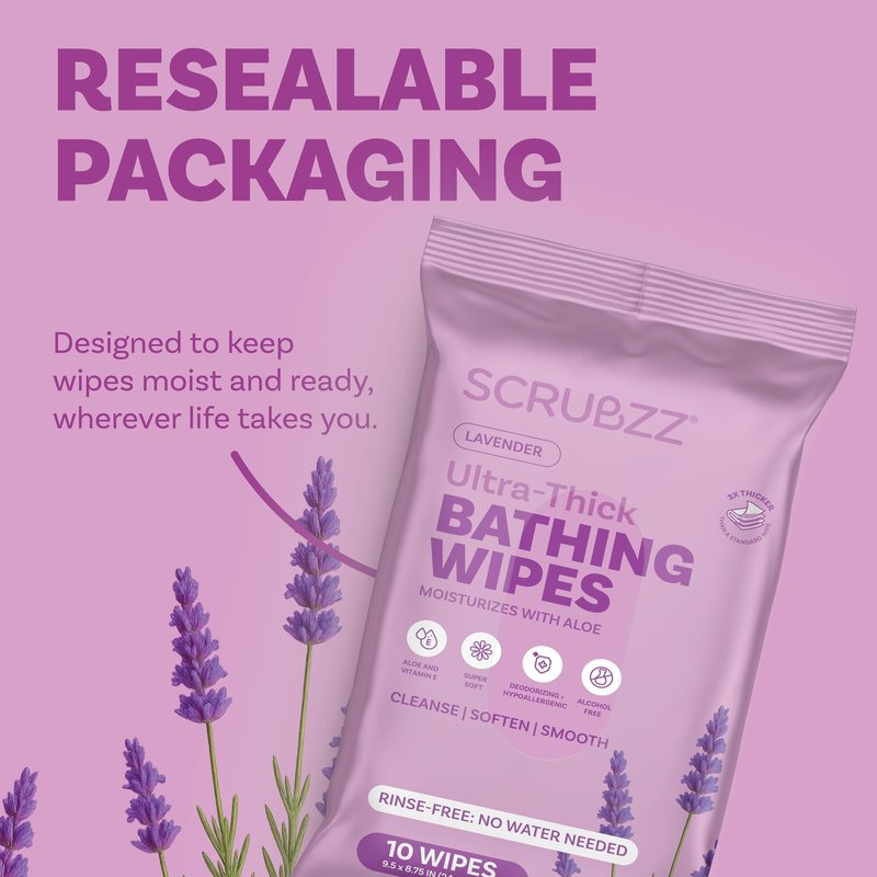 Extra Large Bath Wipes for Adults Bathing No Rinse - 40 Ultra Thick Disposable Body Cleansing Wipes for Men, Women & Elderly - Great for Gym, Camping, Post Surgery - Lavender