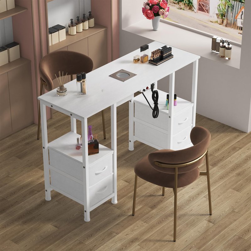 Manicure Table for Nail Tech, Nail Tech Table Station w/4 Storage Drawers & 2 Open Shelves, Nail Table w/Dust Collector for Beauty Salon Tech Station (White)
