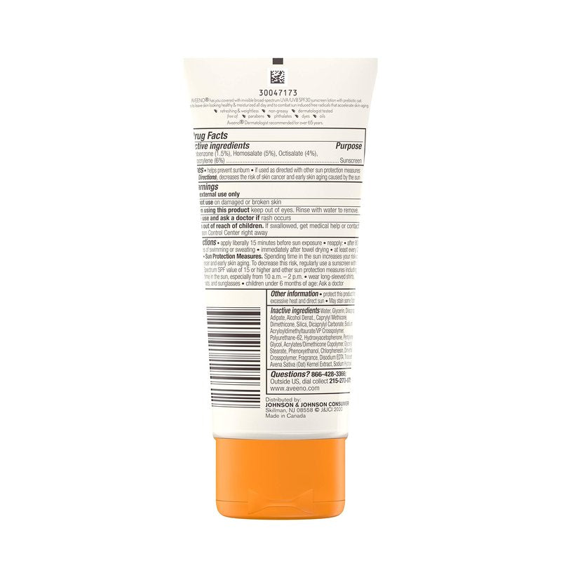 Aveeno Protect + Hydrate Moisturizing Sunscreen Lotion with Broad Spectrum SPF 30 & Prebiotic Oat, Weightless Sweat & Water-Resistant Full Body Sunscreen, Oxybenzone-Free, 3.0 fl. oz