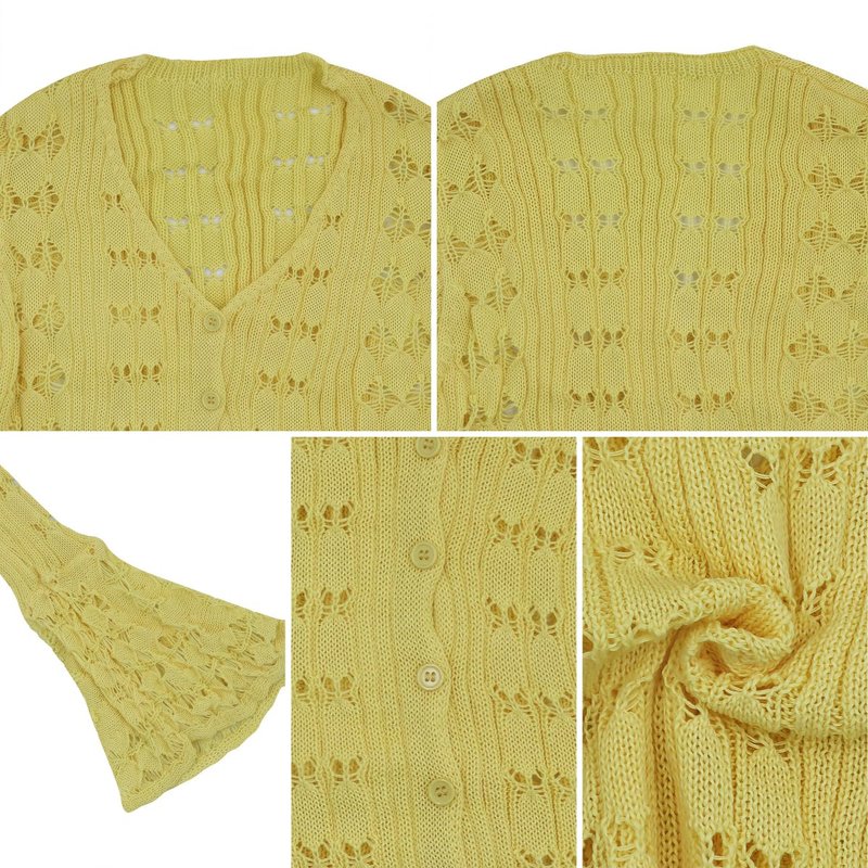 Women's Knit Long Sleeve Cardigan Sexy Hollow Out V Neck Bodycon Crop Tops See Through Casual Short Sweater Outwear Yellow