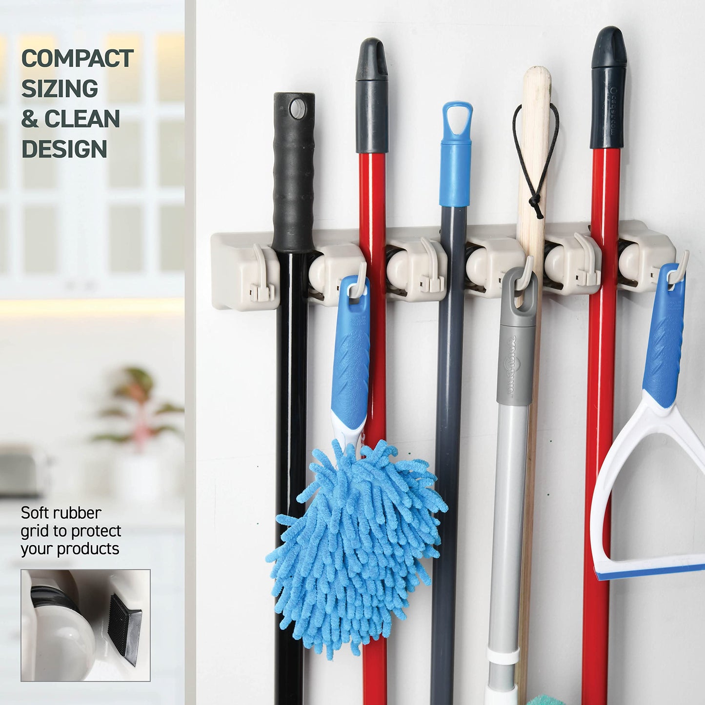 HOME IT Broom and Mop Holder Wall Mount – Heavy Duty Garage Organizer with 5 Slots & 6 Hooks, 7.5lbs Capacity Per Slot - Easy Install Storage Rack for Home, Kitchen, Laundry Room & Garden - Off-White