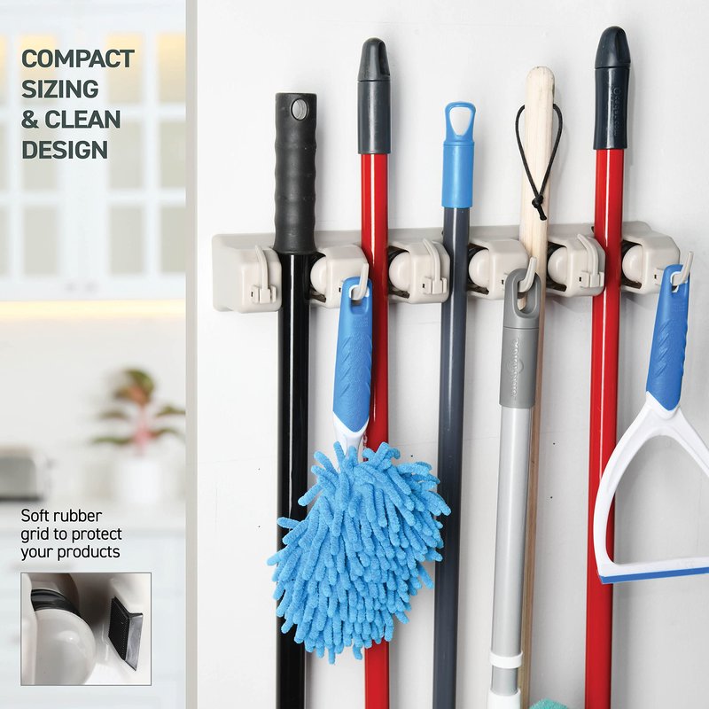 HOME IT Broom and Mop Holder Wall Mount – Heavy Duty Garage Organizer with 5 Slots & 6 Hooks, 7.5lbs Capacity Per Slot - Easy Install Storage Rack for Home, Kitchen, Laundry Room & Garden - Off-White