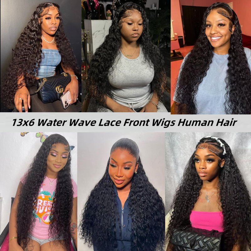 Caijuxing 34 Inch Water Wave Lace Front Wigs Human Hair 200 Density 13x6 HD Lace Front Wigs for Women Pre Plucked Wet and Wavy Human Hair Wig Glueless Deep Curly Frontal Wigs Human Hair Natural Black