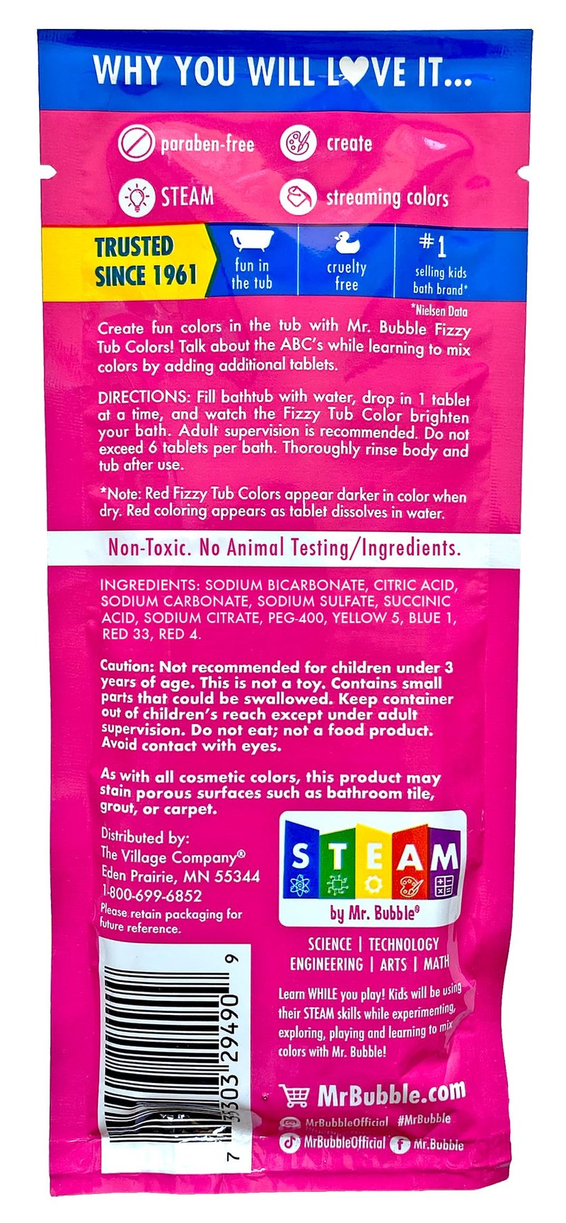Mr. Bubble Fizzy Tub Colors Bath Water Coloring Tabelets, 6 Bright Colors, Red, Orange, Yellow, Purple, Blue and Green, Fragrance Free (12 Packets, 9 Tablets Each)