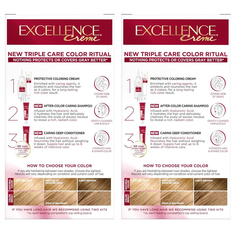 L'Oreal Paris Excellence Crème Hair Dye - Triple Care Formula for 100% Gray Coverage | 8 Medium Blonde, 2 Kits
