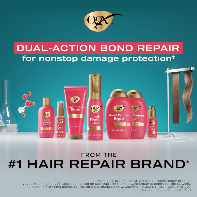 OGX Repair + Protect Bond Protein Shampoo & Conditioner Set - Sulfate-Free Hydration for Damaged Color-Treated Hair | 13 fl oz Each (Pack of 2)