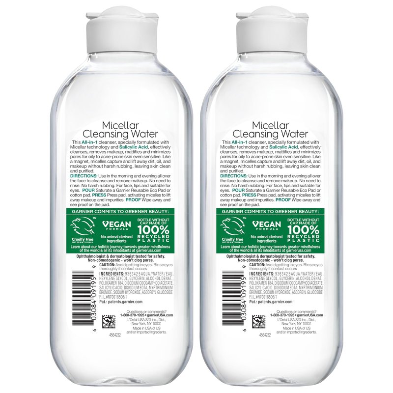 Garnier Micellar Water with Salicylic Acid, All-in-1 Mattifying Facial Cleanser and Makeup Remover for Oily and Acne Prone Skin, 13.5 Fl Oz, Pack of 2