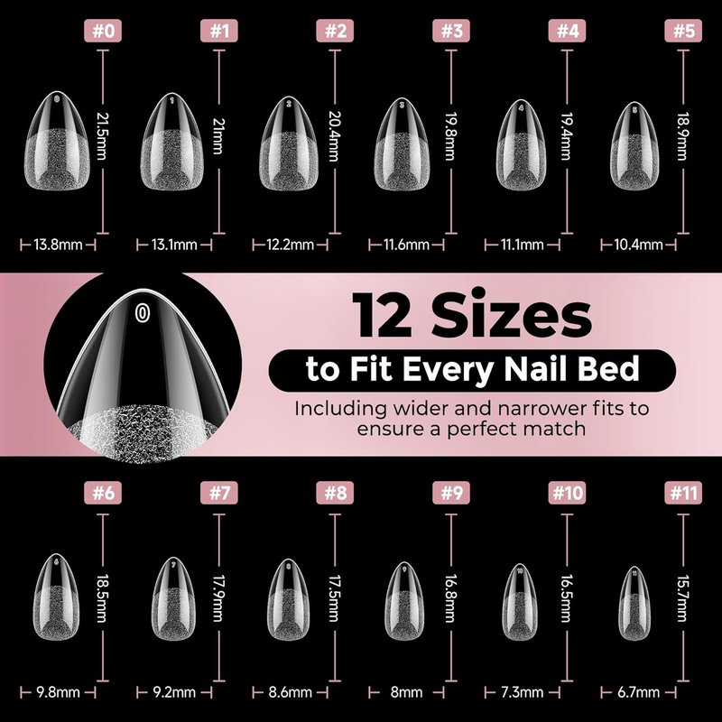 Skiennix Short Almond Nail Tips - 240pcs Soft Gel Acrylic Fake Nails | Half Matte Full Cover, 12 Sizes