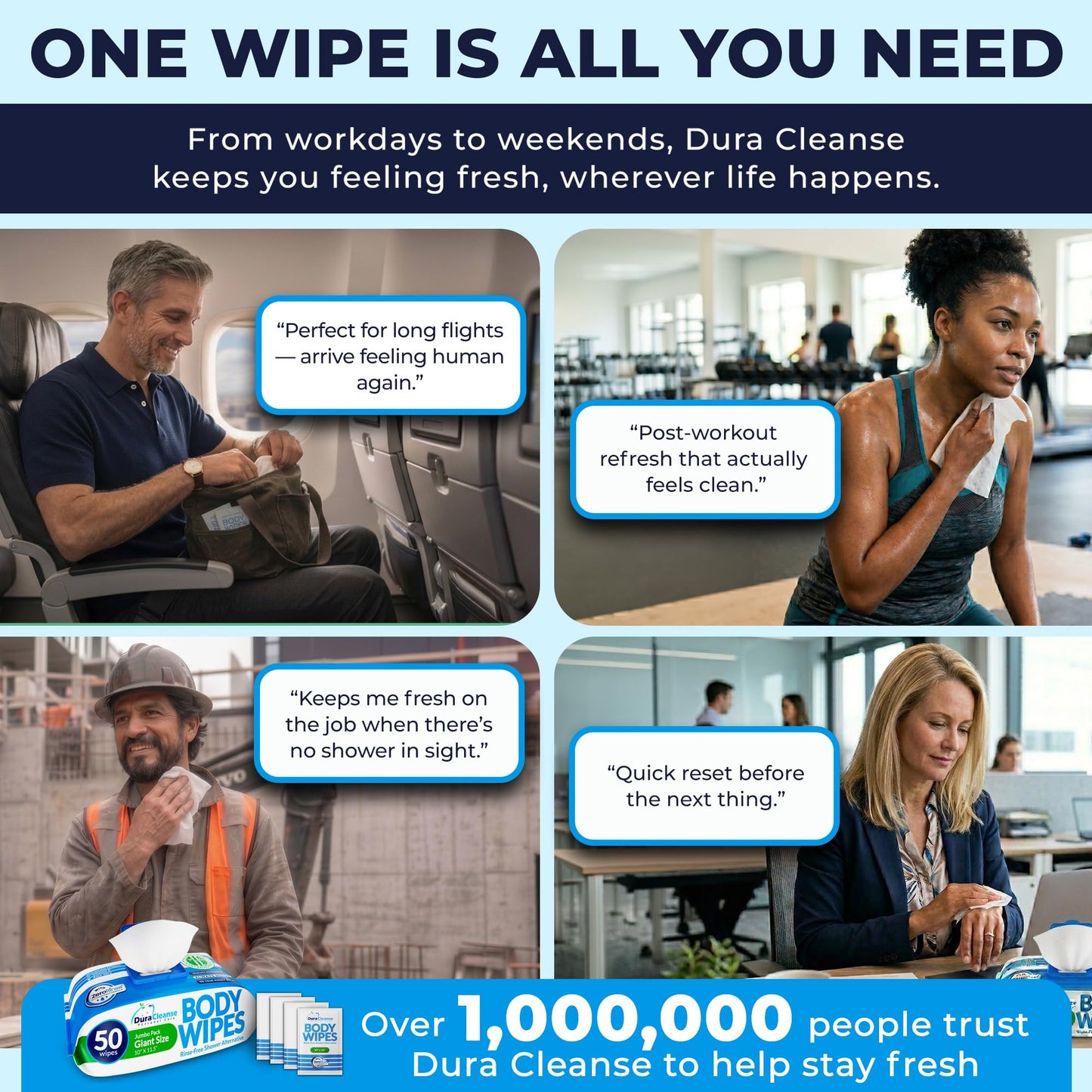 Dura Cleanse Body Wipes for Adults Bathing - (2 Pack) 100 XL No Rinse Bath Wipes + 8 Travel Shower Sheets - 10 x 11.5" Extra Thick Disposable Washcloths for Elderly Incontinence & Camping Essentials