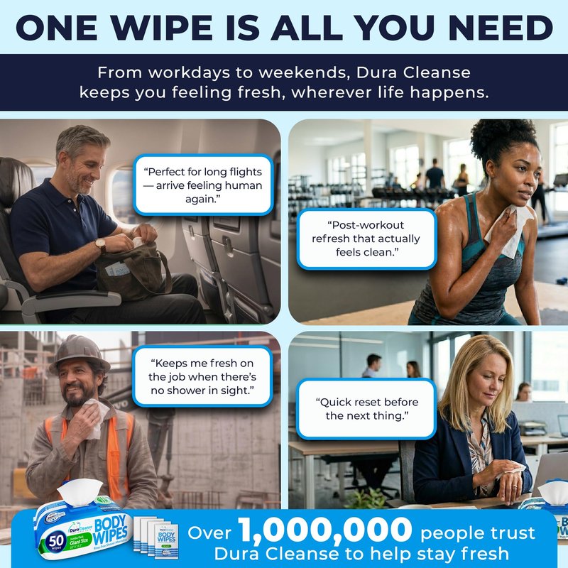 Dura Cleanse Body Wipes for Adults Bathing - (2 Pack) 100 XL No Rinse Bath Wipes + 8 Travel Shower Sheets - 10 x 11.5" Extra Thick Disposable Washcloths for Elderly Incontinence & Camping Essentials