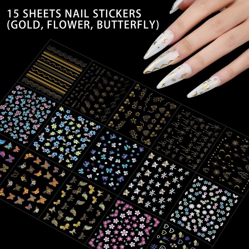 Teenitor 4 Boxes Nail Charms and Gems Set, Nail Rhinestones Nail Kit with Nail Art Brushes Nail Stand, Nail Gems Nail Design Tools with 15pcs Nail Stickers, Gold Nail Pearls for Women Nail Decorations